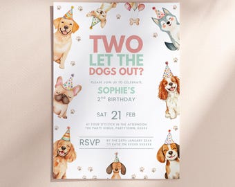 Two Let the Dogs Out Invitation 2nd Birthday Invitation Second Birthday Girl Invite Bad Two the Bone Dog Birthday Theme Evite Puppy Party