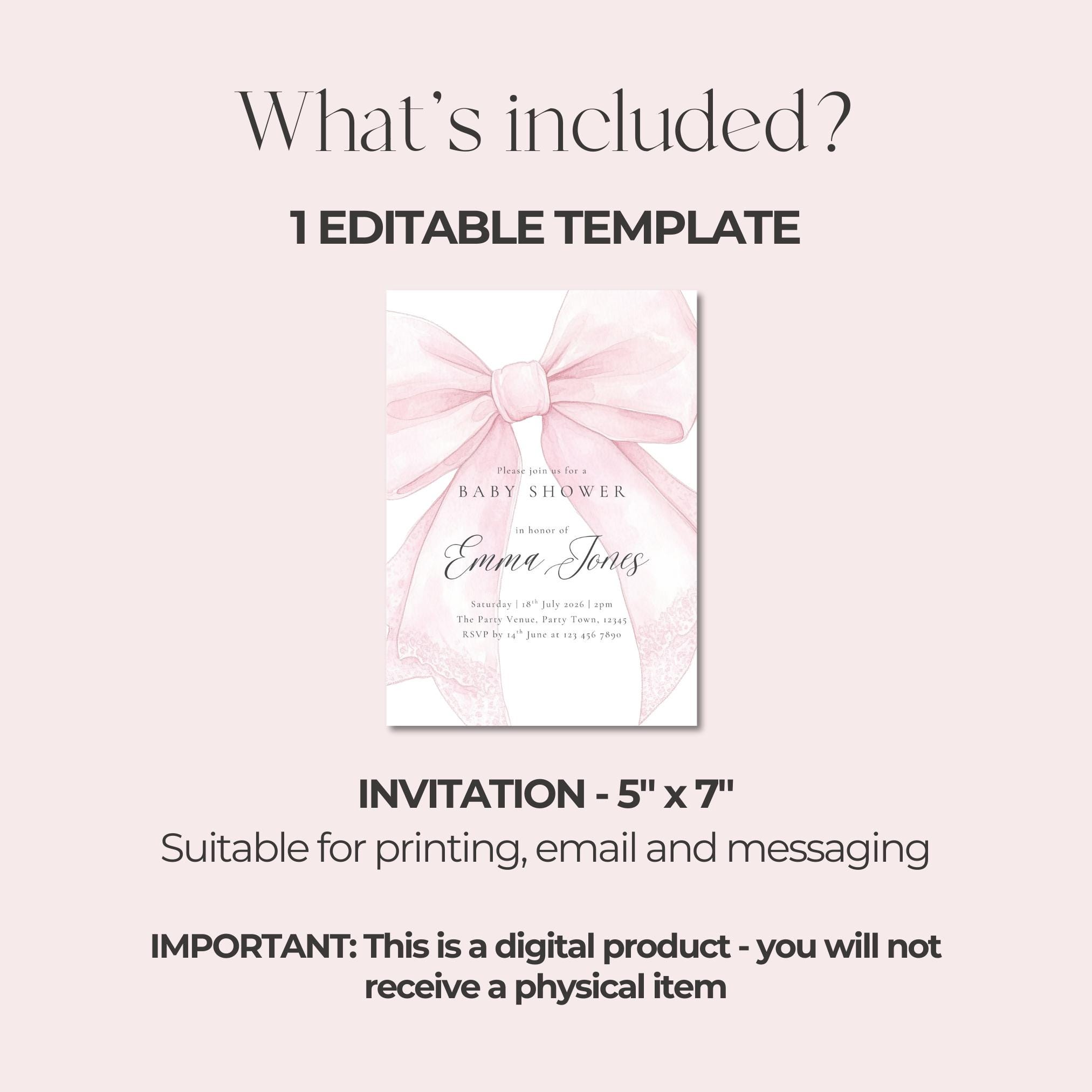 Blush Pink Bow Baby Shower Invitation Editable lace Coquette Baby ...
