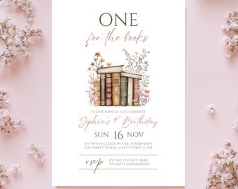 Eins für die Bücher Geburtstagseinladung Leseratte 1. Geburtstag einladen Blumenbuch Erstes Kapitel Geburtstagsparty Mädchen-Buch Geburtstags-Evite