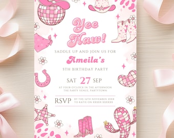 Modello di invito di compleanno modificabile per cowgirl spaziale Invito per festa di cowgirl rosa Yee Haw Invito di compleanno retrò per cowgirl disco western stampabile