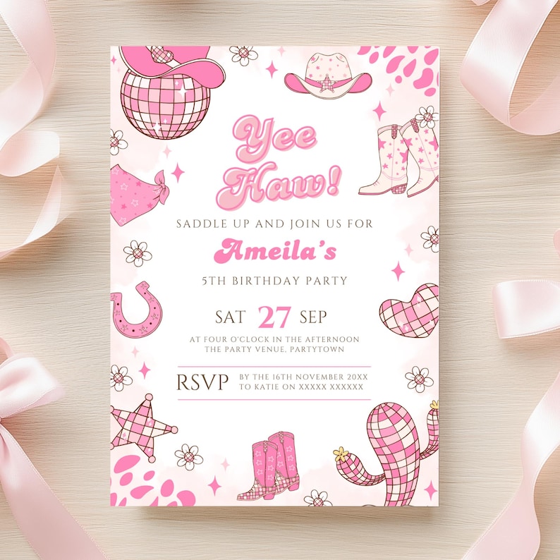 Editable Space Cowgirl Birthday Invitation Template Pink Yee Haw Cowgirl Party Invite Retro Cowgirl Disco Western Birthday Evite Printable