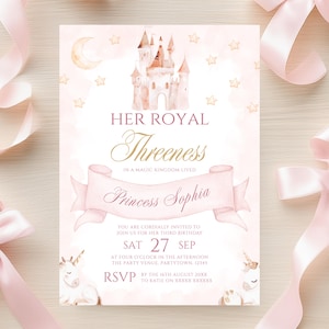 Princess Invitation Template 3rd Birthday Princess Invite Her Royal Threeness Invitation Editable Canva Template Castle Unicorn Theme Evite