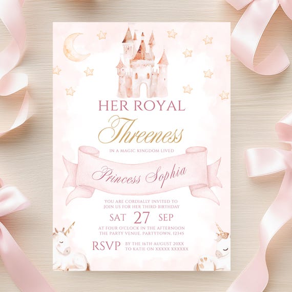 Princess Invitation Template 3rd Birthday Princess Invite Her Royal Threeness Invitation Editable Canva Template Castle Unicorn Theme Evite