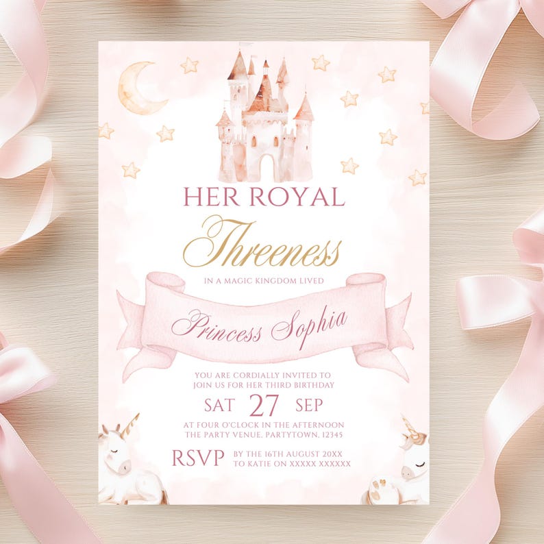 Princess Invitation Template 3rd Birthday Princess Invite Her Royal Threeness Invitation Editable Canva Template Castle Unicorn Theme Evite