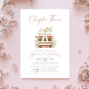 Kapitel tre födelsedagsinbjudan sagobok 3-årsfestinbjudan redigerbar boktema 3-års födelsedagsmall blommig Evite söt rosa rosett