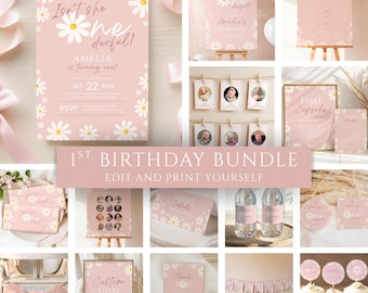 May include: A collection of pink daisy-themed party supplies for a first birthday. Includes invitations, signs, cupcake toppers, water bottle labels, and banners. The text includes "Isn't she wonderful!" and "Amelia is turning one!"