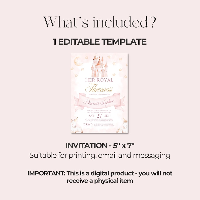 Princess Invitation Template 3rd Birthday Princess Invite Her Royal Threeness Invitation Editable Canva Template Castle Unicorn Theme Evite