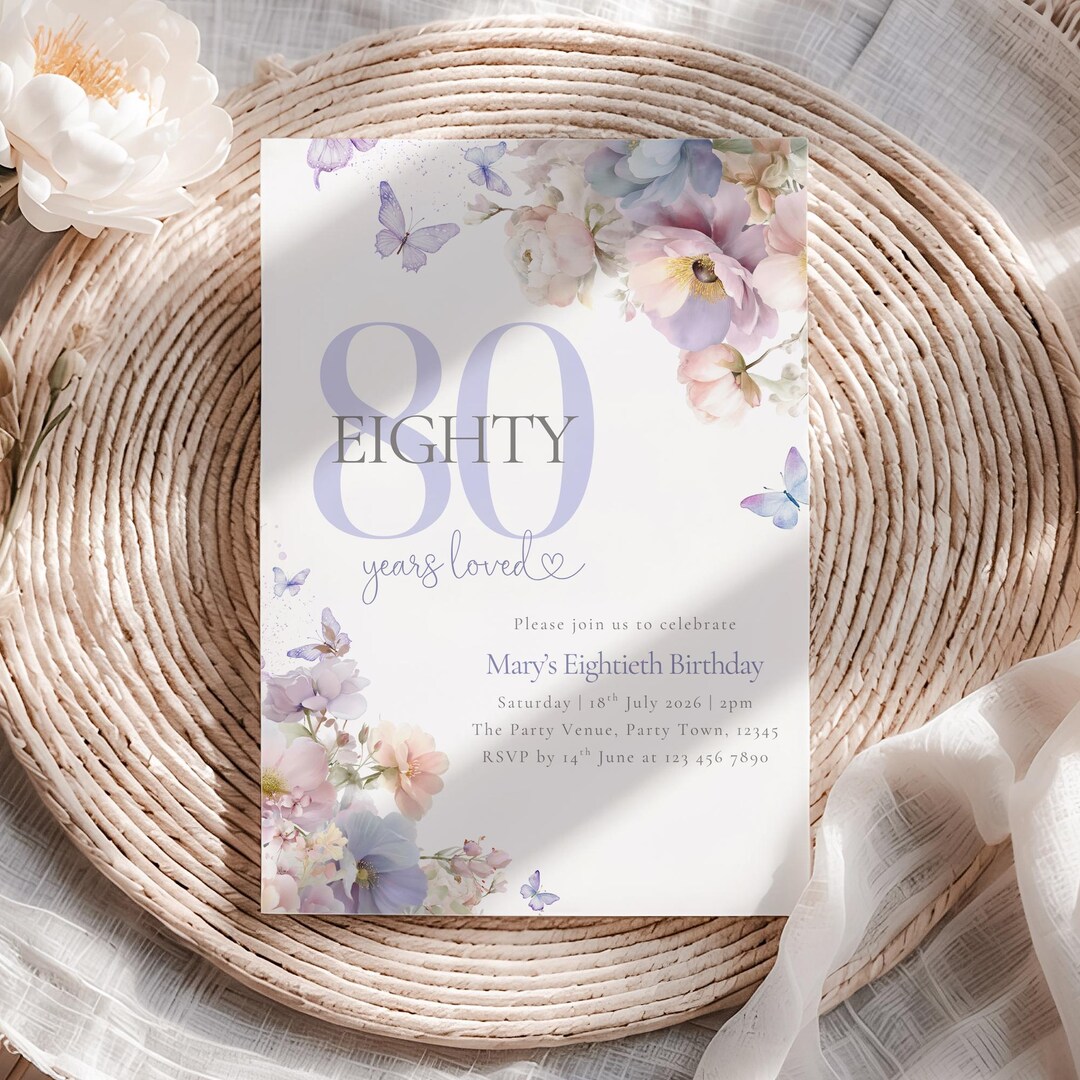 80th Birthday Invitation Editable Elegant Eighty Year Old Celebration ...