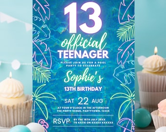 13th Birthday Invitation Pool Party Teenage Swim Party Invite Girl 13th Pool Teen Swimming Evite Neon Summer Thirteen Digital Phone Invite