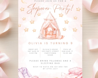 Invito per pigiama party di compleanno, invito per pigiama party per ragazze, invito modificabile per tenda da campeggio, invito per coccole, festa di compleanno per adolescenti, 9° compleanno
