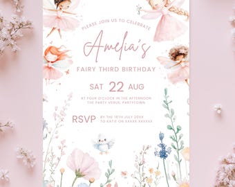 Fairy Third Birthday Invitation Fairy 3rd Birthday Invite Three Year Old Enchanted Garden Evite Boho Invite Cute Girl Editable Invite Custom