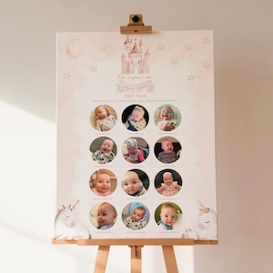 May include: A baby milestone poster displayed on an easel. The pink poster features a castle, moon, and star design, with photos of a baby from one to twelve months. Text includes "Once upon a time" and "First Year". Measurements are in inches.
