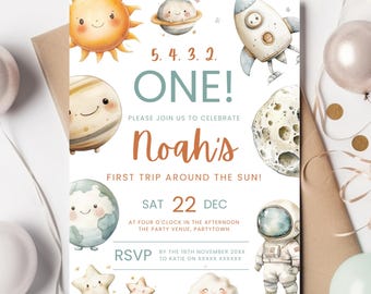 1st Trip Around The Sun Boy Birthday Invitation Space Astronaut First Birthday Party Invite Rocket Editable Evite 1st Birthday Custom Invite