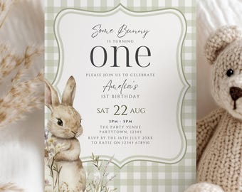 Some Bunny Is Turning One Birthday Invitation Editable Bunny Rabbit Birthday Invite Girl Boy Neutral Invitation Flowers Boho Invite Vintage