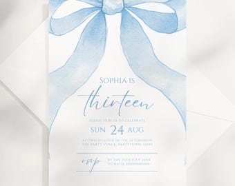 13th Birthday Invitation Blue Bow Girl Coquette Invite 13 Year Old Girl Birthday Elegant Blue Ribbon Thirteenth Birthday Teen Party Evite