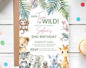 Zwei wilde zweite Geburtstag einladen geboren zwei sein, Einladung Safari 2. Geburtstags-Party-Dschungel-Thema Tier Geburtstag Evite Party einladen Mädchen