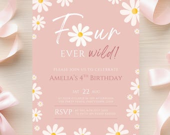 Sjabloon bewerkbare Daisy-verjaardagsuitnodiging Pink Daisy 4e verjaardag uitnodigen meisje vierde verjaardagsfeestje vier ooit wilde Boho afdrukbare Evite