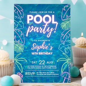 Pool Party Invite Birthday 16th Swim Party Invitation Digital Tropical Beach Birthday E Invite Teenager Birthday 14th 15th Editable Template