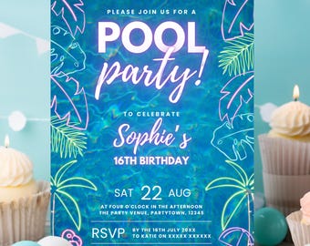 Pool Party Invite Birthday 16th Swim Party Invitation Digital Tropical Beach Birthday E Invite Teenager Birthday 14th 15th Editable Template