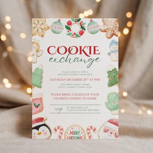Pode incluir: Um convite festivo para uma troca de biscoitos de Natal. O design apresenta ilustrações em aquarela de biscoitos de Natal, incluindo bonecos de gengibre, enfeites e um Papai Noel. O texto diz "COOKIE exchange" e inclui detalhes do evento.