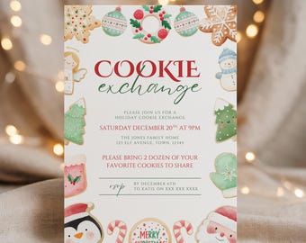 May include: A festive invitation for a holiday cookie exchange. The design features watercolor illustrations of Christmas cookies, including gingerbread men, ornaments, and a Santa Claus. The text reads "COOKIE exchange" and includes event details.