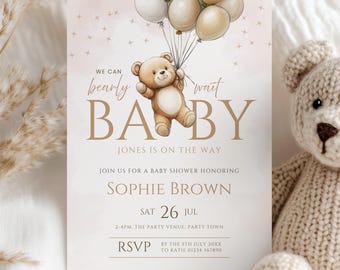 We Can Bearly Wait Baby Shower Invitation Gender Neutral Teddy Bear Baby Shower Invite Editable Brown Bear with Balloons Invitation Template