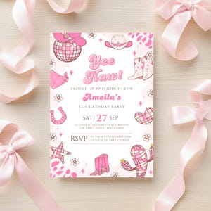 Editable Space Cowgirl Birthday Invitation Template Pink Yee Haw Cowgirl Party Invite Retro Cowgirl Disco Western Birthday Evite Printable