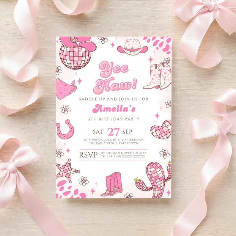 Editable Space Cowgirl Birthday Invitation Template Pink Yee Haw Cowgirl Party Invite Retro Cowgirl Disco Western Birthday Evite Printable