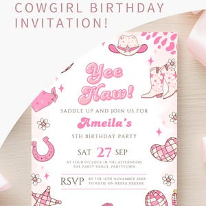 Editable Space Cowgirl Birthday Invitation Template Pink Yee Haw Cowgirl Party Invite Retro Cowgirl Disco Western Birthday Evite Printable