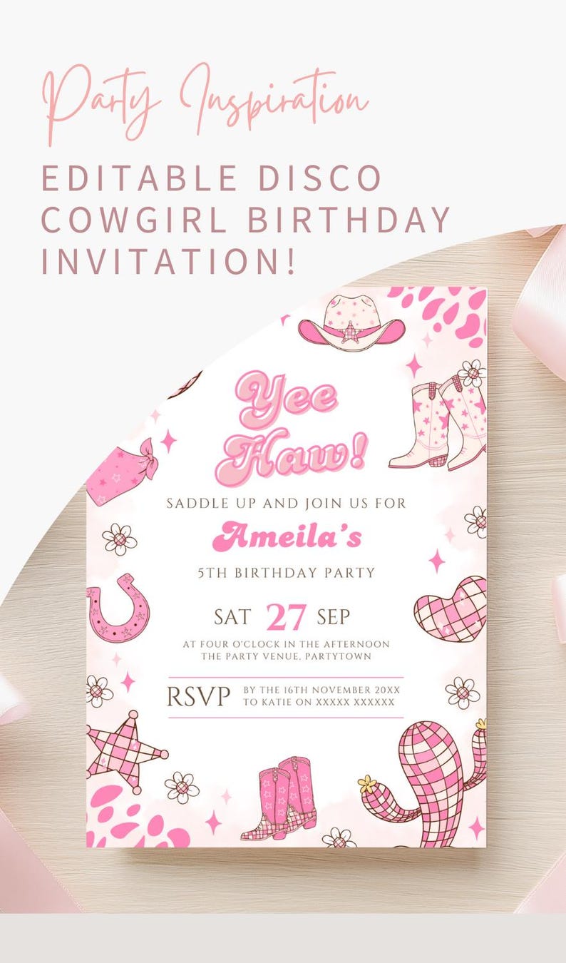 Editable Space Cowgirl Birthday Invitation Template Pink Yee Haw Cowgirl Party Invite Retro Cowgirl Disco Western Birthday Evite Printable