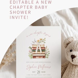 A New Chapter Begins Baby Shower Invitation Editable Book Themed Baby Shower Invite Storybook Baby Shower Evite Babys First Book Club Bow Girl Floral