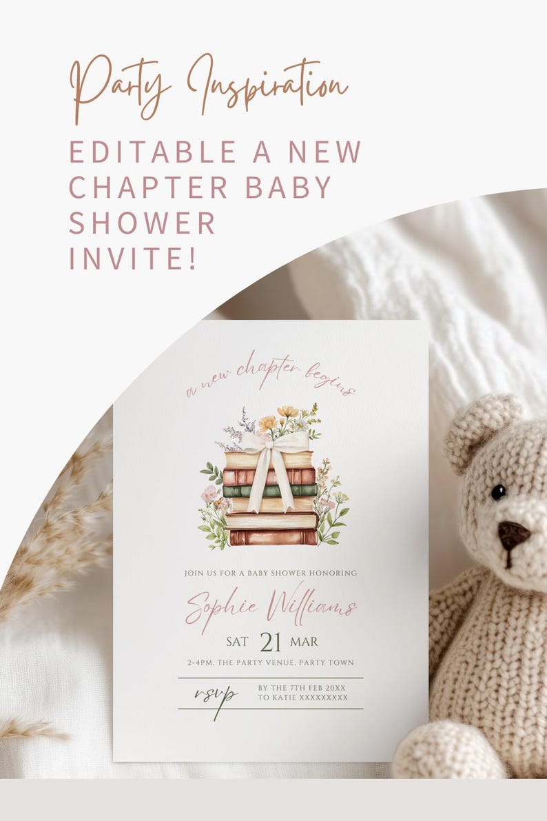 A New Chapter Begins Baby Shower Invitation Editable Book Themed Baby Shower Invite Storybook Baby Shower Evite Babys First Book Club Bow Girl Floral