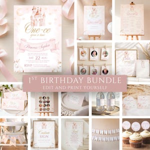 May include: A collection of pink and gold princess-themed first birthday party decorations. Includes invitations, signs, cupcake toppers, and banners. The text includes "One-ce upon a time", "Princess Sophia", and "1st Birthday Bundle".