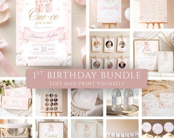 Princess 1st Birthday Invitation Bundle One-ce Upon A Time Pink Invite 1st Birthday Girl Party Decorations Printable First Party Fairytale