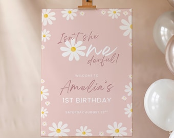 Daisy Welcome Sign Onederful 1st Birthday Printable Flower First Birthday Entrance Sign One Year Old Pink Floral Welcome Sign Girl 1st Party