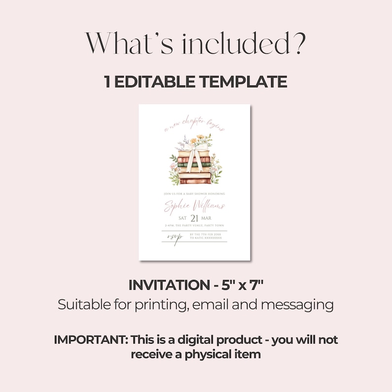 A New Chapter Begins Baby Shower Invitation Editable Book Themed Baby Shower Invite Storybook Baby Shower Evite Babys First Book Club Bow Girl Floral
