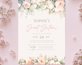 Inbjudan till Sweet Sixteen-födelsedag, redigerbar Sweet 16-årsdagsinbjudan, rodnande rosa, blommig, salviagrön, akvarell, utskrivbar digital inbjudan