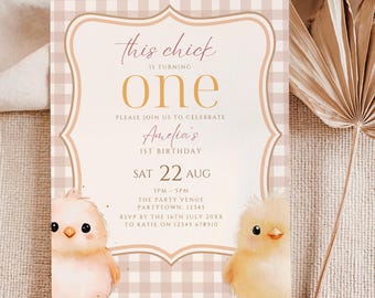 This Chick Is Turning One Birthday Invitation 1st Birthday Girl Invite Chicken Theme Birthday Editable Template Download Farm First Birthday