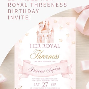 Princess Invitation Template 3rd Birthday Princess Invite Her Royal Threeness Invitation Editable Canva Template Castle Unicorn Theme Evite