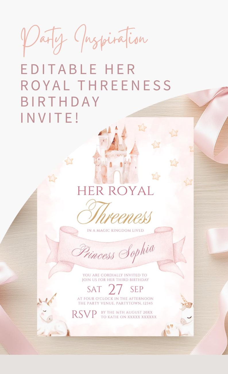Princess Invitation Template 3rd Birthday Princess Invite Her Royal Threeness Invitation Editable Canva Template Castle Unicorn Theme Evite