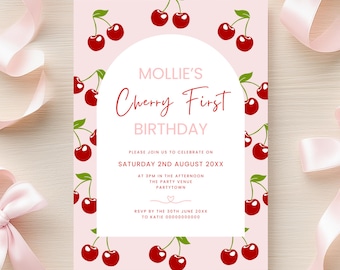 Cherry 1st Birthday Invitation Editable Template for Girl Digital Download Custom Cherry First Party Invite Cute Design Pink Red Evite Baby