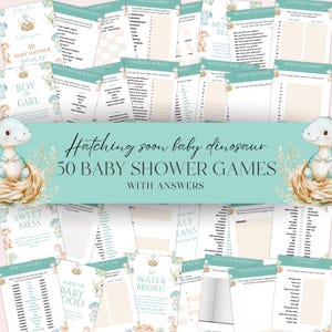 Pacchetto di giochi per baby shower con dinosauri Hatching Soon, set di attività per baby shower a tema dinosauro modificabile TRex Baby Dinosaur