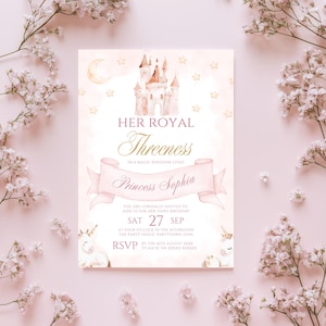 Princess Invitation Template 3rd Birthday Princess Invite Her Royal Threeness Invitation Editable Canva Template Castle Unicorn Theme Evite