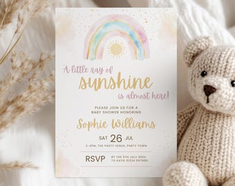A Little Ray of Sunshine Invite Boho Rainbow Baby Shower Invitation Gender Neutral Baby Shower Editable Invitation Template Custom E Invite