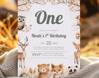 Woodland 1st Birthday Invitation Wild One Invite Fall Forest Invite Fox Deer Bear Animals Birthday Invite Template First Birthday Boy Evite
