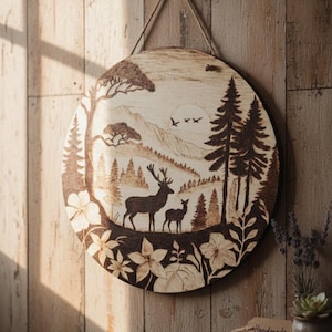 Può includere: Decorazione murale rotonda in legno con un paesaggio pirografato dettagliato. L'opera raffigura una foresta con cervi, alberi, montagne e fiori. Sospesa con un cordoncino in fibra naturale, con la parola "Handmade" visibile su un'etichetta.