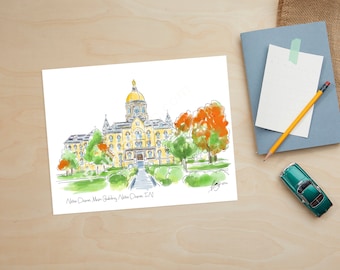 University of Notre Dame Main Building Watercolor Pen & Ink Fine Art Giclee Print - Our Mother Golden Dome