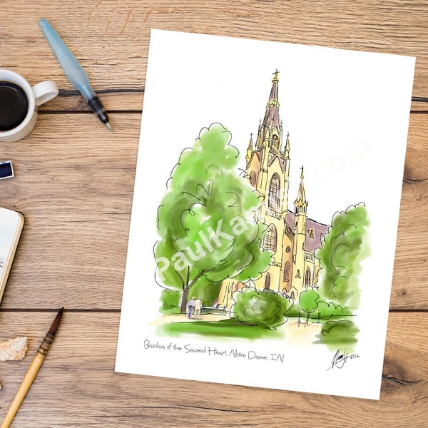 University of Notre Dame Basilica of the Sacred Heart Watercolor Pen & Ink Fine Art Giclee Print - Notre Dame Art