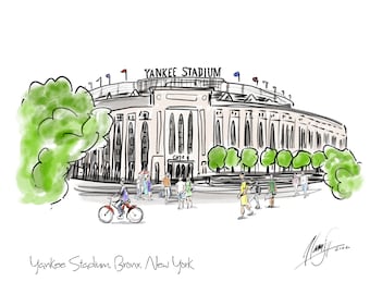 Yankee Stadium New York Yankees Watercolor Pen & Ink Fine Art Giclee Bronx  NYC World Series Champions