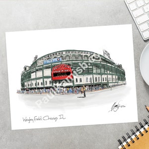 Wrigley Field Chicago Cubs Illinois Watercolor Pen & Ink Fine Art Digital Print Giclee - Chicago Cubs World Series Champions